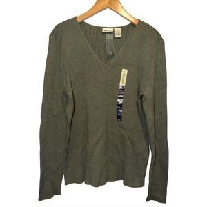NWT Cherokee 100% Cotton Olive V-Neck Ribbed Women's Sweater Top